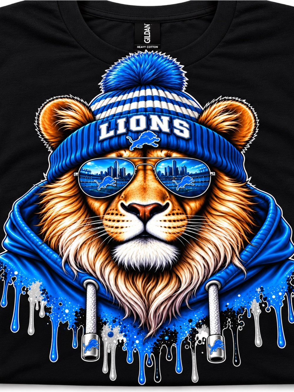 Gildan Black Tee with Blue and Gold Lion Graphic